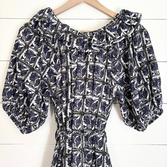 Oliphant navy and white dress with ruffle collar and bubble sleeves - Picture 4 of 6